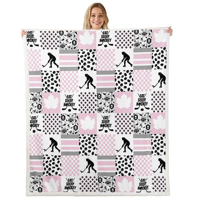 Erosebridal Ice Hockey Twin Size Fleece Blanket for Girls, Puck Sports Games Fuzzy Blankets for Kids Teens Bedroom, Hockey Player Throw Blanket Plaid Patchwork Blankets, Pink White Black