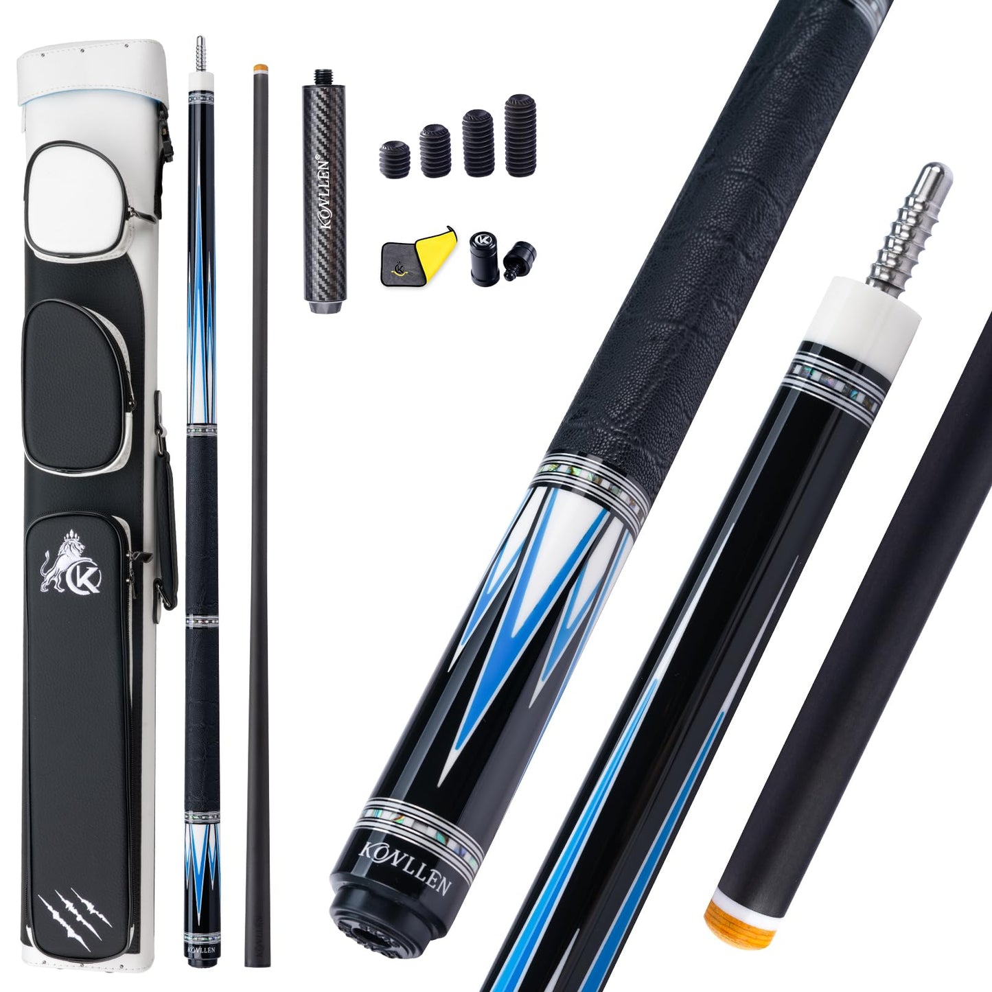 KONLLEN 2.0 Pool Cue Complete Set with Case & Extras | Hand-Inlaid Carbon Fiber Pool Cue with Professional Taper | Low Deflection Shaft for Adults & League Players