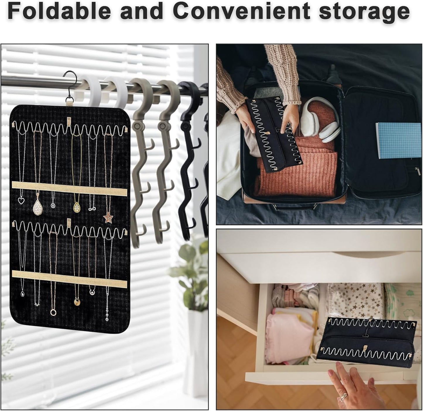 Double Sided Hanging Jewelry Organizer, 32/48 Pockets, 14/21 Hook Loops, Foldable Travel Jewelry Roll Organizer for
