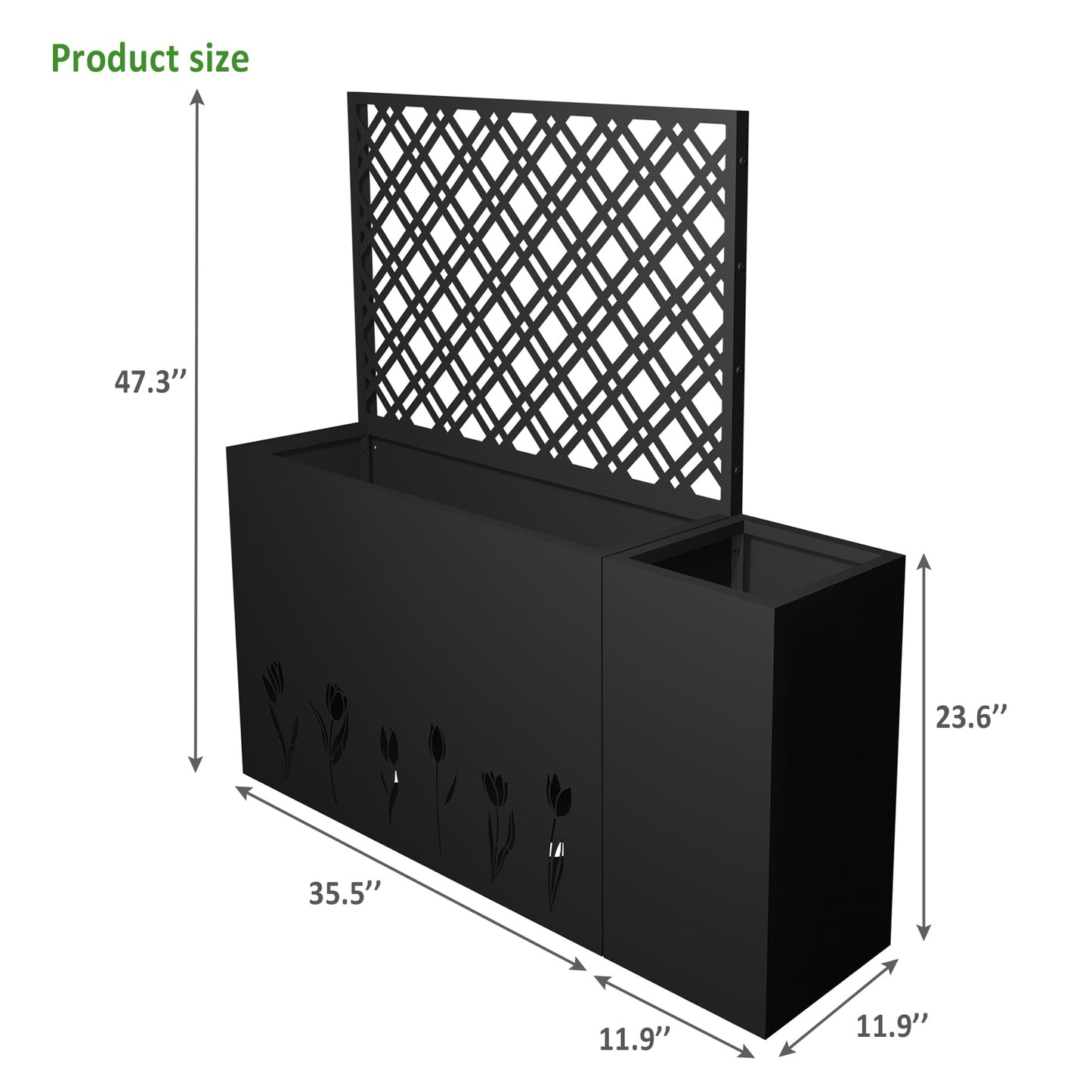 Pasirou 2-Piece Metal Planter Box with Trellis- 23.6in Depth Raised Garden Bed for Outdoor Indoor Use, Galvanized Steel Flower Planter with Drainage Holes