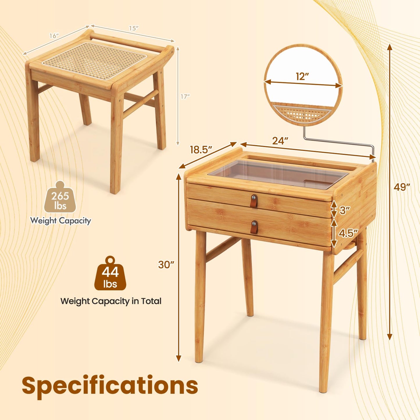 CHEFJOY Boho Vanity Desk with Mirror, Bamboo Makeup Vanity Table & Stool Set with 2 Storage Drawers & Tempered Glass Table Top, Small Dressing Table Set for Bedroom, Living Room