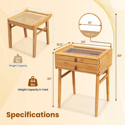 CHEFJOY Boho Vanity Desk with Mirror, Bamboo Makeup Vanity Table & Stool Set with 2 Storage Drawers & Tempered Glass Table Top, Small Dressing Table Set for Bedroom, Living Room