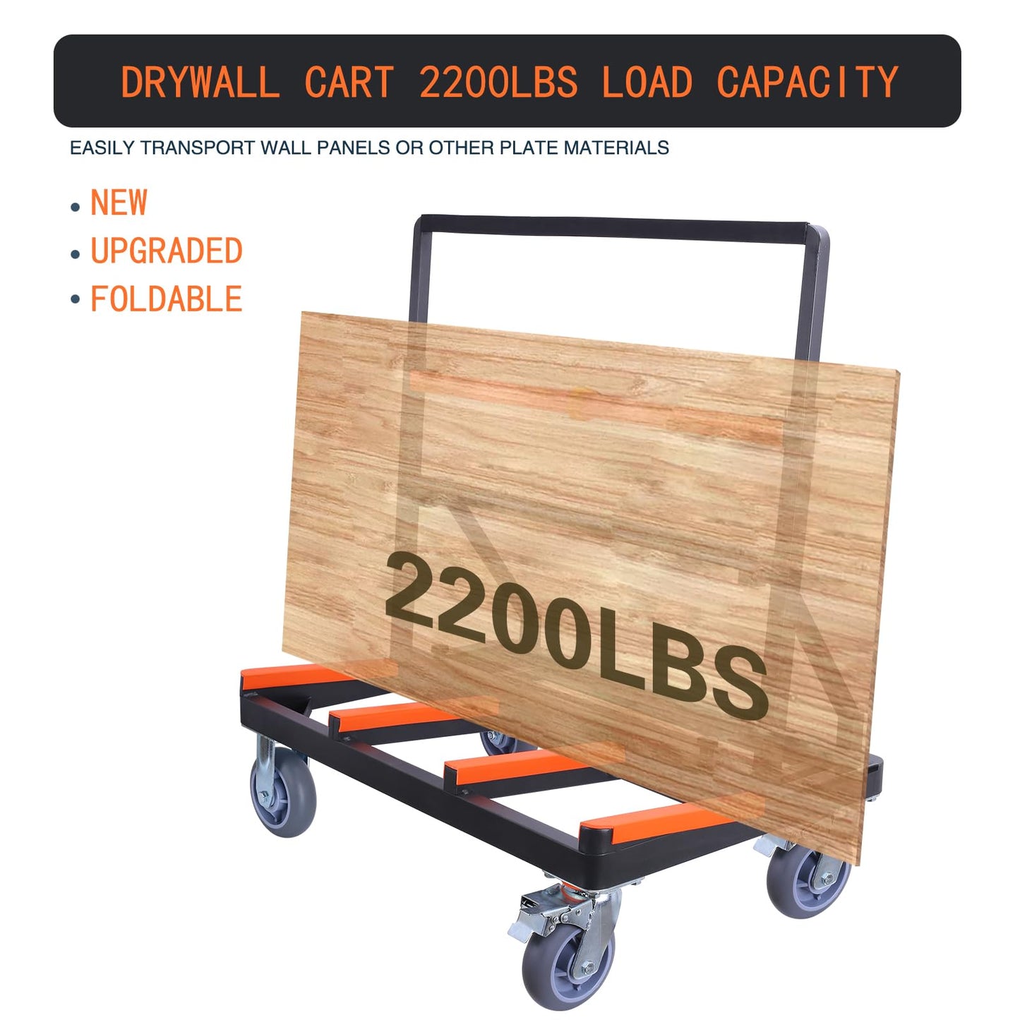 Folding Drywall Cart Heavy Duty,Panel Cart Load 2200 lbs Capacity,Drywall Dolly with Rubber Swivel Casters,Panel Dolly Handling Plywood Sheetrock Glass and Windows Service
