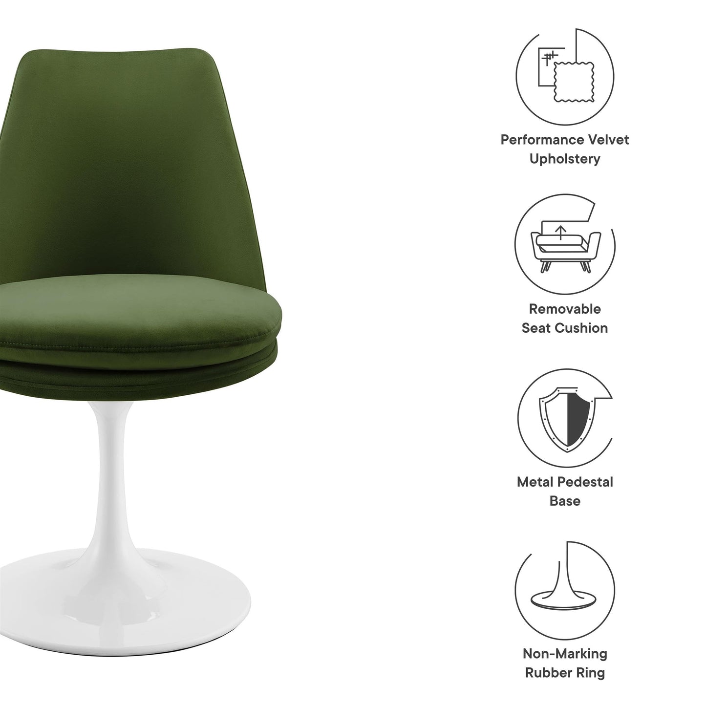Modway Lippa Velvet Swivel Dining Side Chair in White Moss Green - Armless Accent Chair with Stain-Resistant Performance Velvet Upholstery - 360° Rotating Office Chair