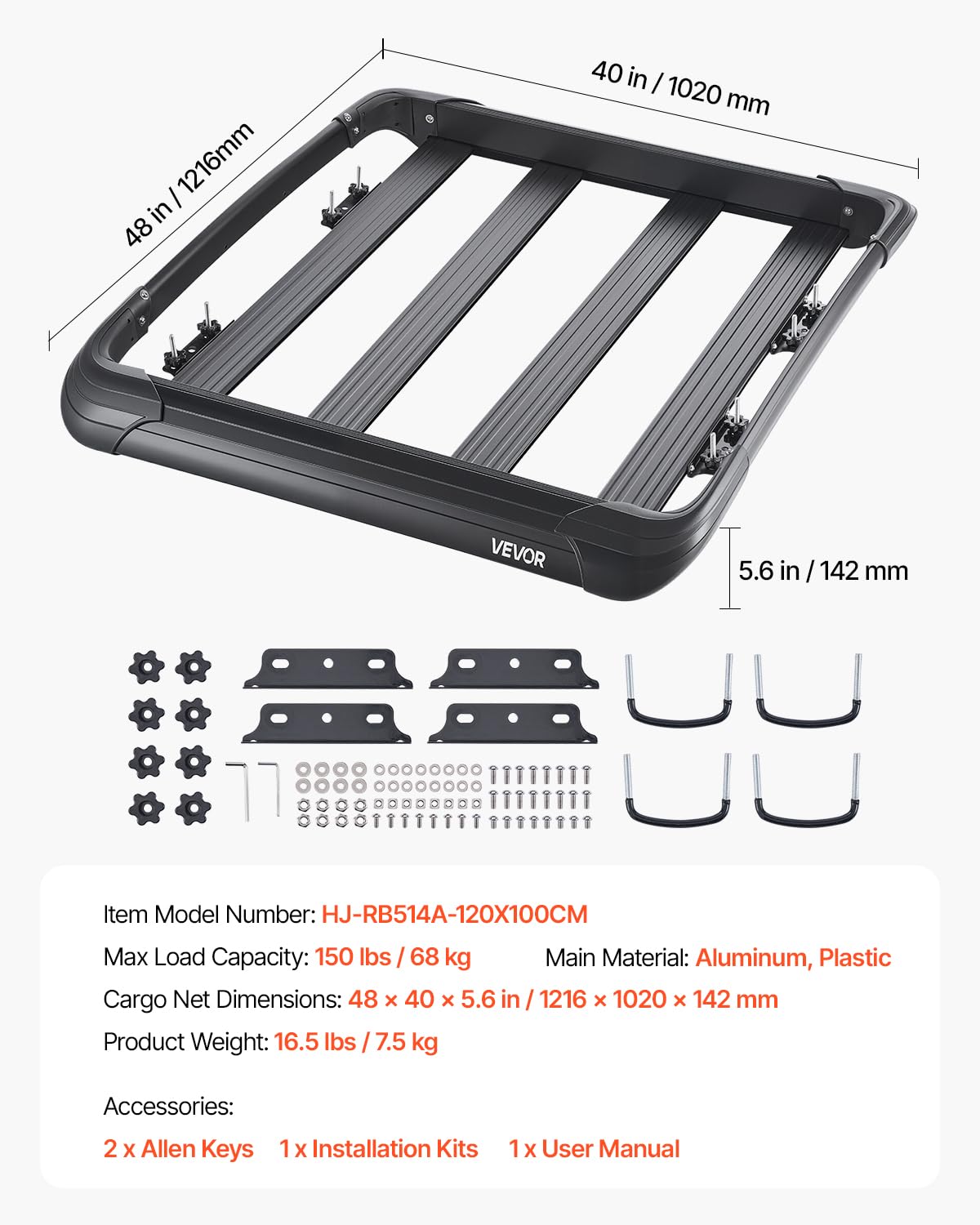 VEVOR Roof Rack Cargo Carrier, 48 x 40 x 5.6 in, Universal Rooftop Cargo Basket, Car Top Luggage Holder with 150 lbs Max Load Capacity, 4.1 in Fence, Anti-Rust Alloy Steel, Wind Fairing, for SUV Car