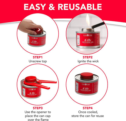 Gas One 12 Pack 6 Hour Chafing Fuel - Food Warmer for Chafing Dish Buffet Set - Reusable Liquid Safe Fuel With Wick & Lid Opener