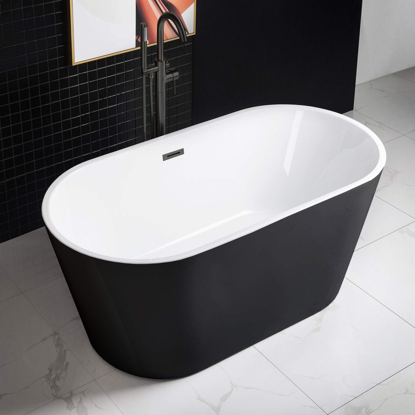 WOODBRIDGE 59" Acrylic Freestanding Bathtub Contemporary Soaking Tub with Matte Black Overflow and Drain,Black