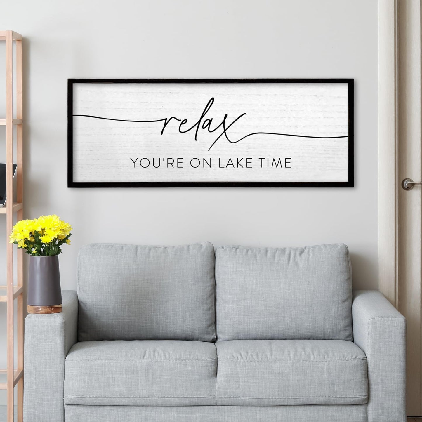 TQianJiang Relax You're On Lake Time Wall Decor 32"×12" Lakeside Quote Sign Lake House Decor for Living Room Bedroom Large Rustic Wooden Framed Wall Hanging Art (Black)