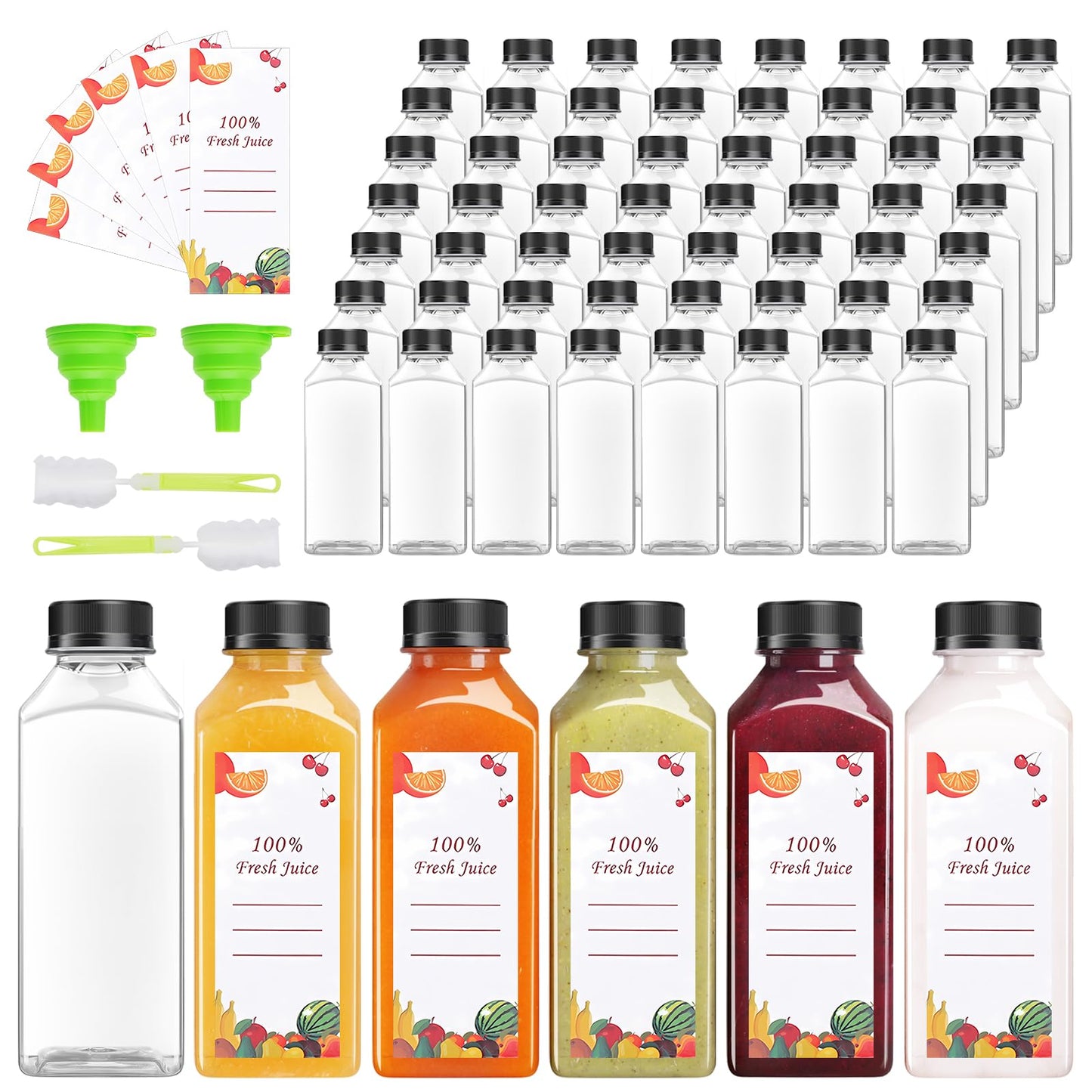 OBKJJ 40 pcs 12oz Pcs Juice Bottles, Juice Bottle with Caps Reusable Empty Clear Bottles with Label, Funnel, Brush Bulk Beverage Containers for Juicing, Drinking, Smoothie and Other Beverages (12-OZ)