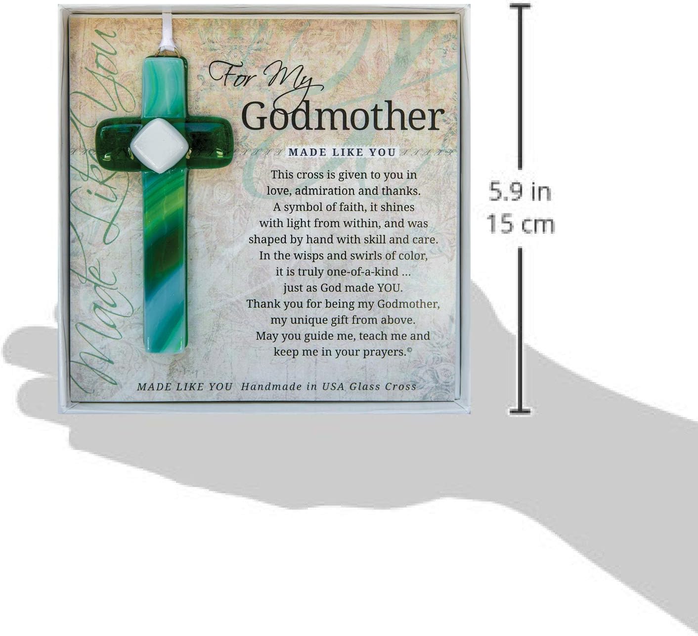 Handmade USA Glass Cross with Sentiment for Godmother - Gift from Goddaughter/Godson/Godchild for