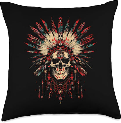 Colorful Native Skull Robotic Skull Indian Feather Headdress Throw Pillow Decor