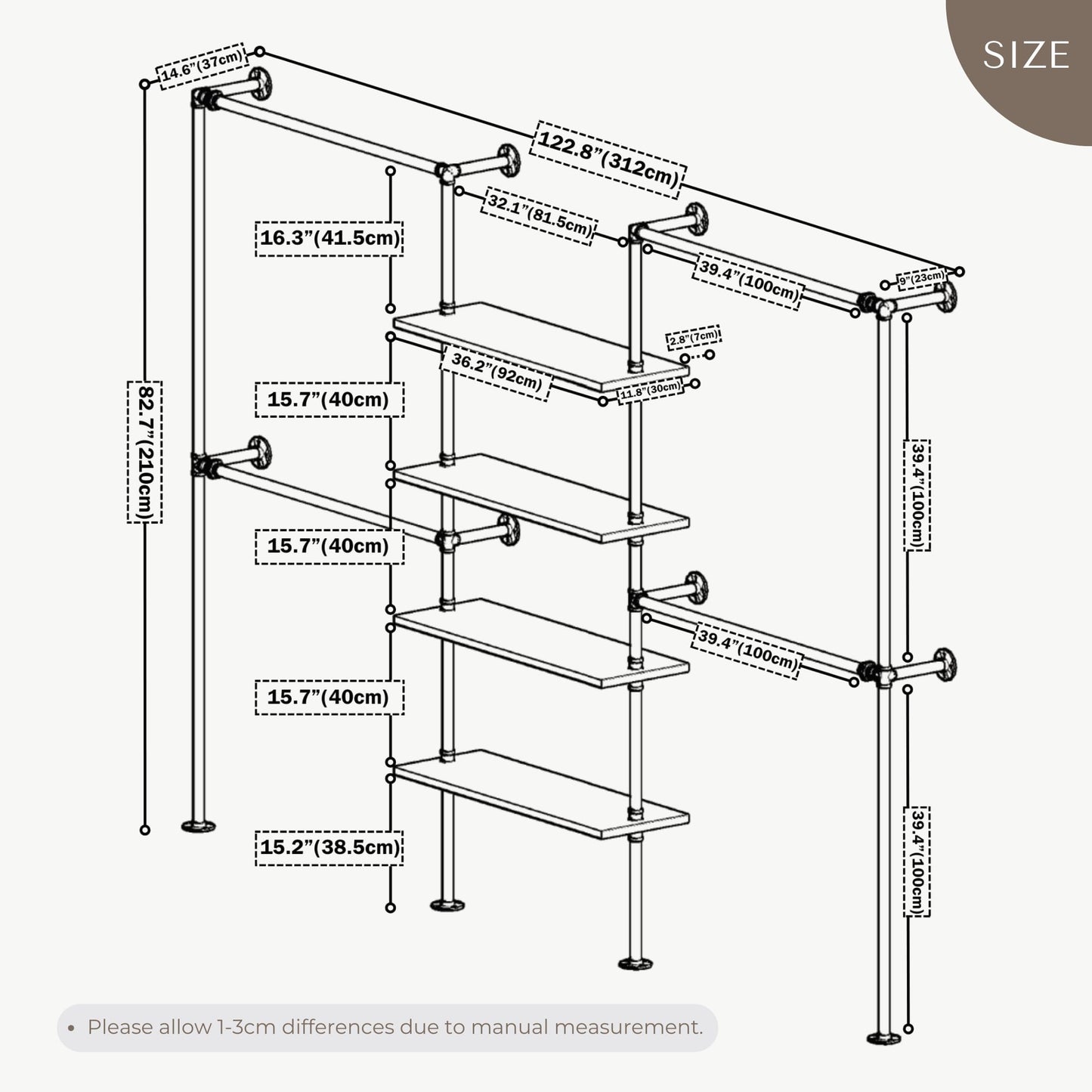 Anynice Industrial Pipe Clothing Rack Wall Mounted, DIY Custom Closet System with Shelves, Heavy Duty Garment Hanging Rack for Walk in Closet, Laundry Room, Retail Display, 14.6x122.8x82.7 in, Y05