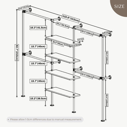 Anynice Industrial Pipe Clothing Rack Wall Mounted, DIY Custom Closet System with Shelves, Heavy Duty Garment Hanging Rack for Walk in Closet, Laundry Room, Retail Display, 14.6x122.8x82.7 in, Y05