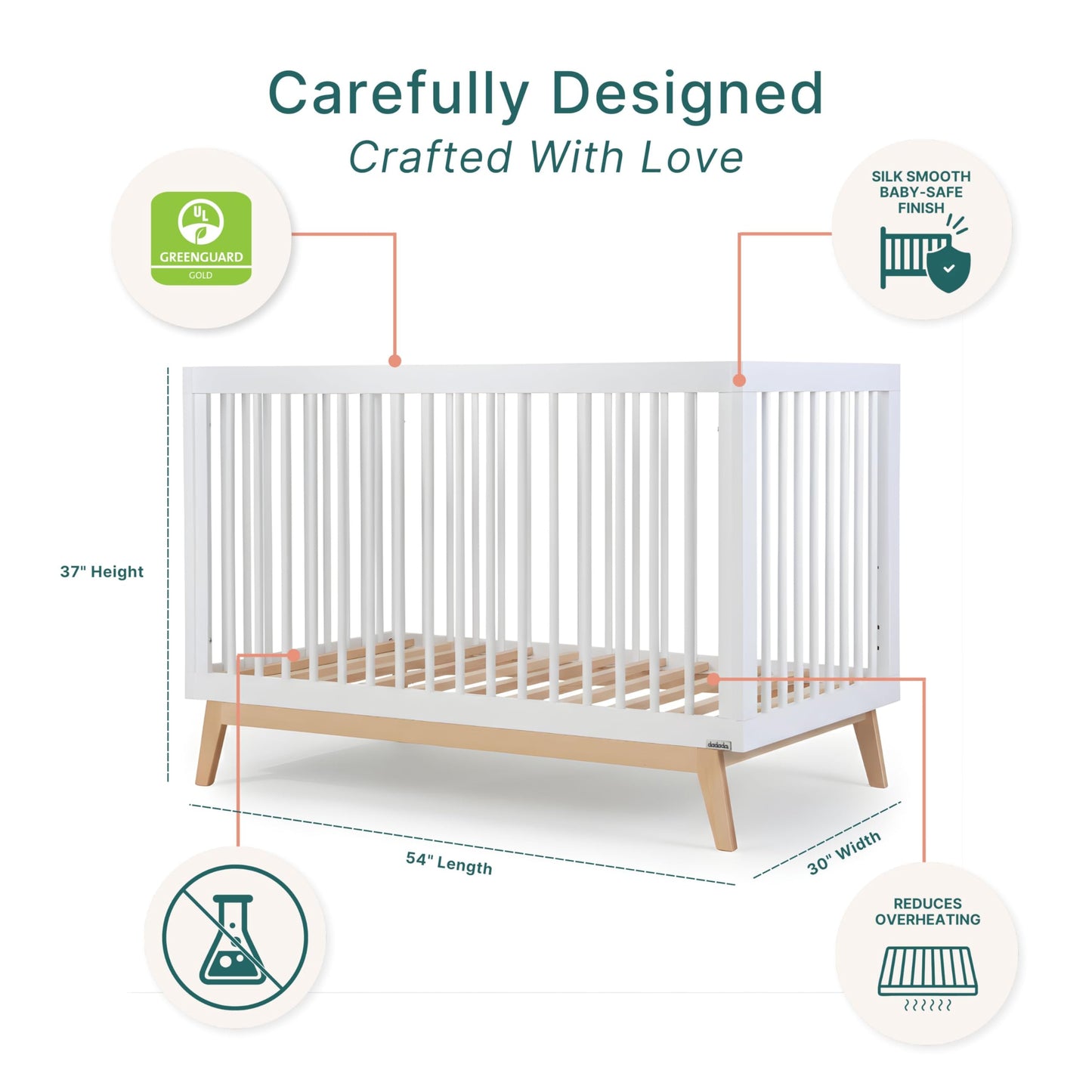 dadada Baby Soho 3-in-1 Convertible Wooden Crib to Toddler Bed - Made in Italy, GREENGUARD Gold Certified, Baby-Safe Finish, Handcrafted Beechwood, Modern Design, 3 Adjustable Heights (White/Natural)