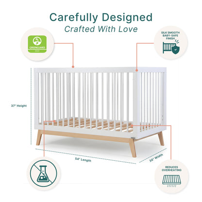 dadada Baby Soho 3-in-1 Convertible Wooden Crib to Toddler Bed - Made in Italy, GREENGUARD Gold Certified, Baby-Safe Finish, Handcrafted Beechwood, Modern Design, 3 Adjustable Heights (White/Natural)