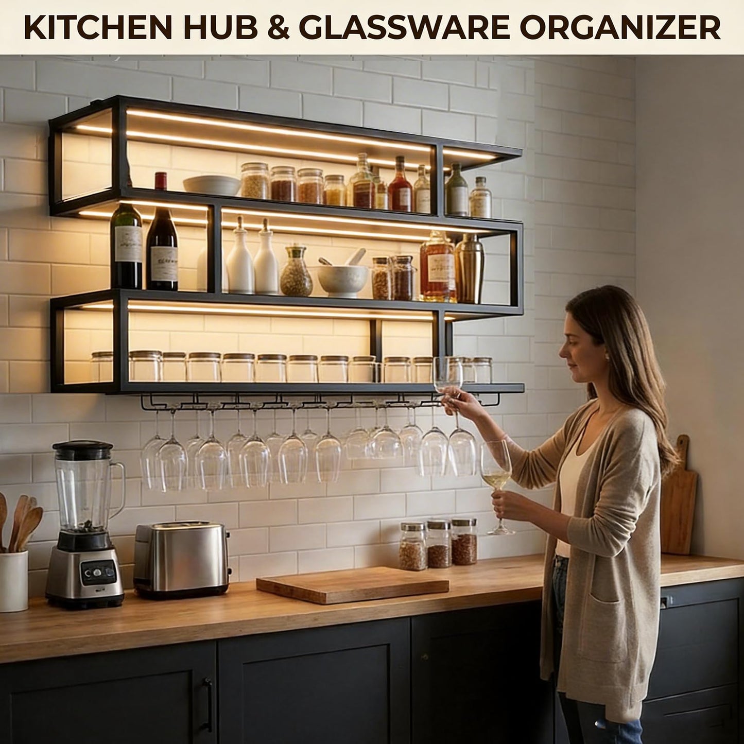 70.8IN Large Wall Mounted Wine Rack with LED Light,Metal 4 Tier Floating Wine Shelf with Glass Holder,Industrial Bar Shelf Wall Mounted Liquor Shelf Wall Mounted for Home Bar (Black 70.8in/180cm)