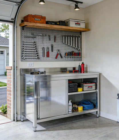 Zumic Stainless Steel Table, Metal Worktable with 2 Shelves, Kitchen Chefs Work Prep Table with Sliding Door, Mesa de Acero Inoxidable for Restaurant, Home, Garage, Laundry