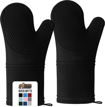 GORILLA GRIP BPA-Free Soft Silicone Oven Mitts, 14.5x8.3, Heat Resistant Cooking Gloves, Set of 2, Black