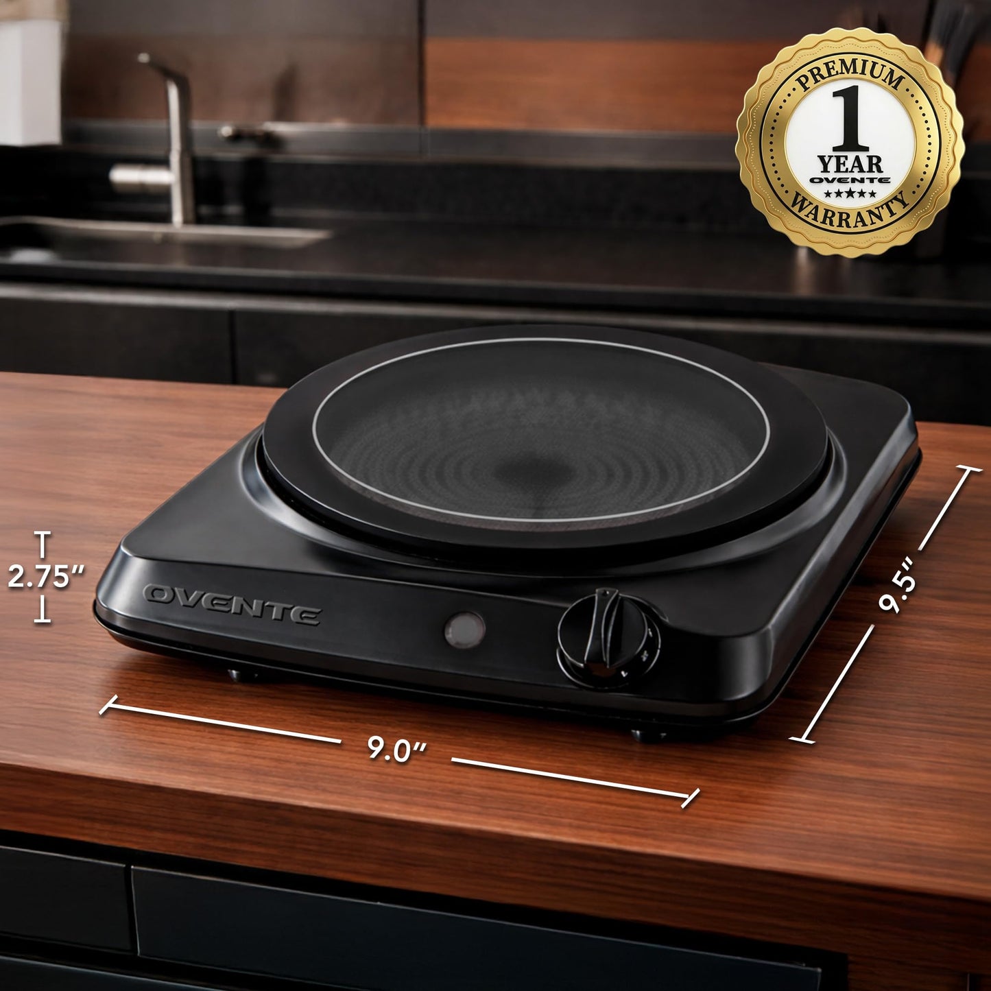 OVENTE Countertop Infrared Single Burner, 1000W Electric Hot Plate with 7” Ceramic Glass Cooktop, 5 Level Temperature Setting & Easy to Clean Base, Compact Stove for Home Dorm Office, Black BGI101B