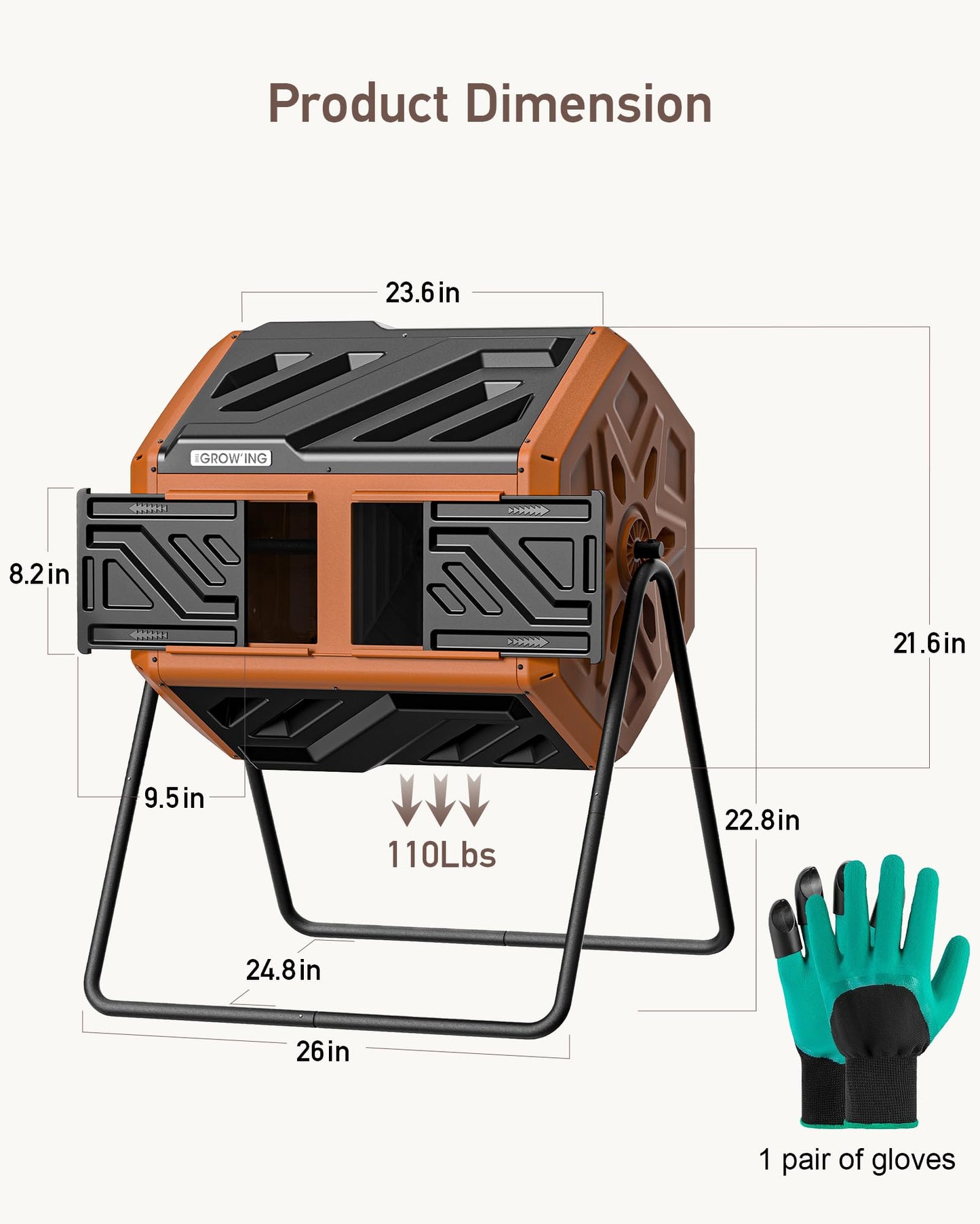 THEGROW'ING 43 Gallon Dual Chamber Compost Bin with Built-in Nuts, Outdoor Rotating Composter Tumbler for Garden Backyard, Orange