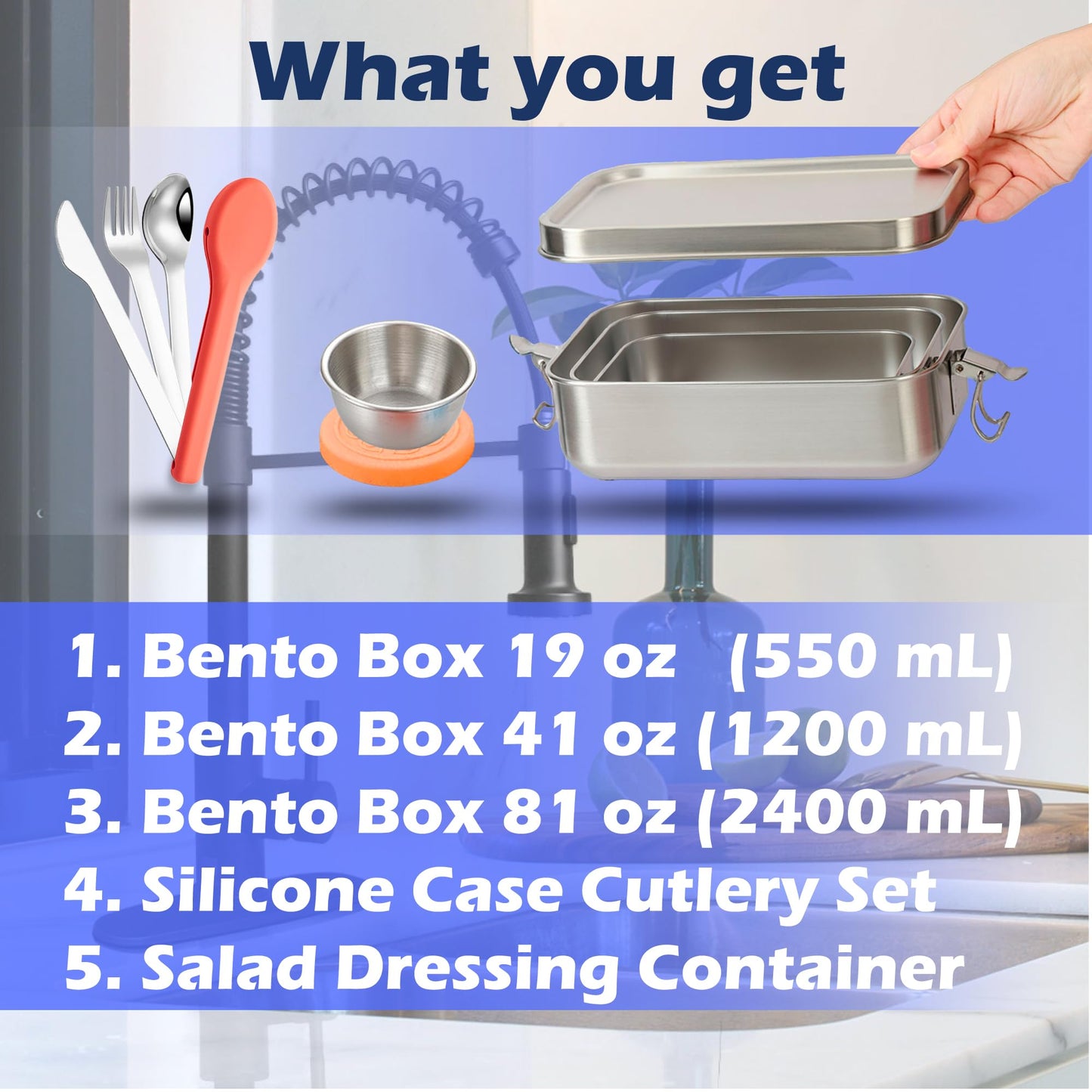 5 in 1 | Stainless Steel Bento Box & Silicone Case Cutlery Set & Salad Dressing Container – 3PCS Nesting Metal Lunch Box 19oz - 41oz - 81oz for Travel, Office – Food Storage Lunchbox for Adults
