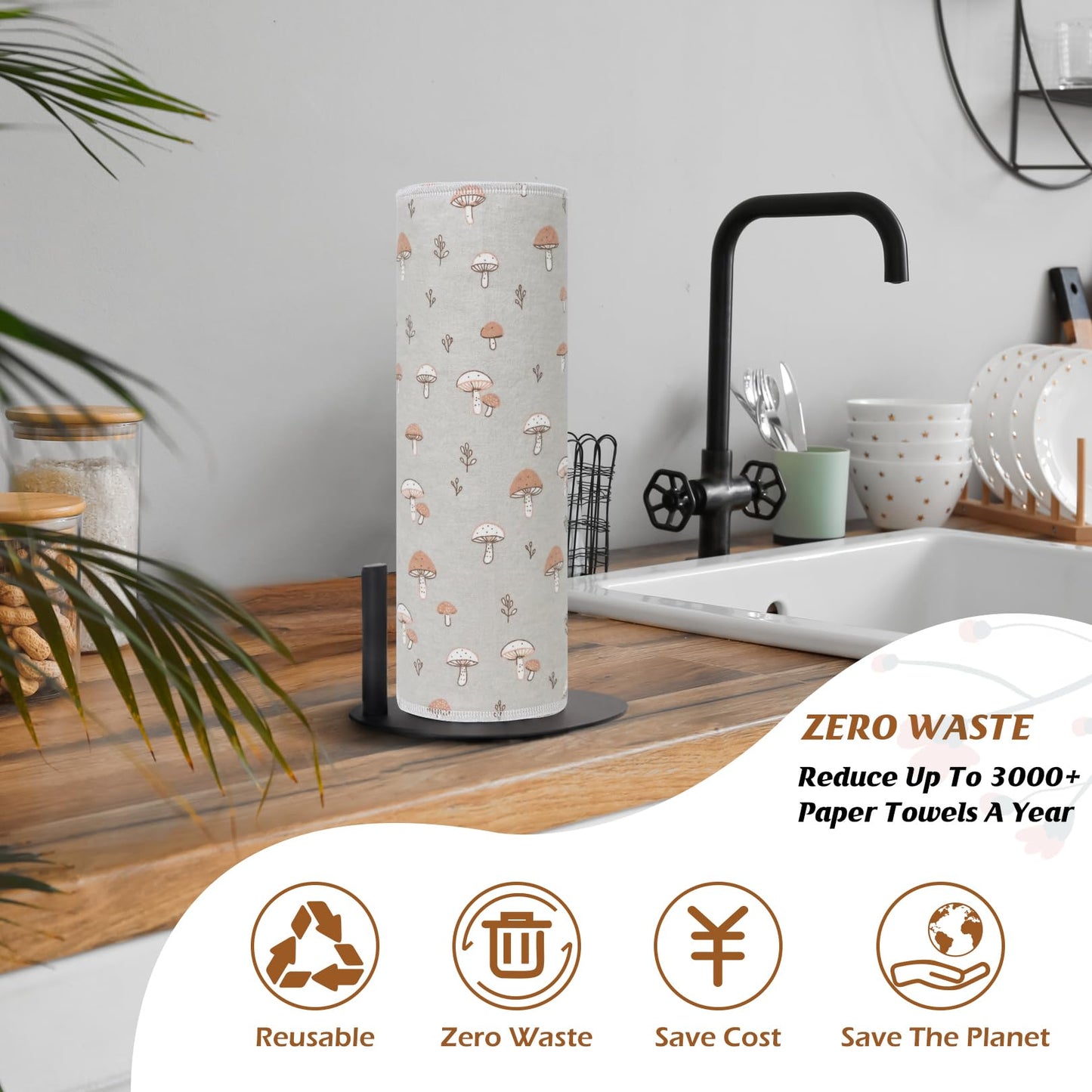 Paper Towels Washable Roll: 25Pack Cotton Cloth Paper Towels 11.8x11.8In Absorbent Soft Flannel Paperless Towels (Mushroom)