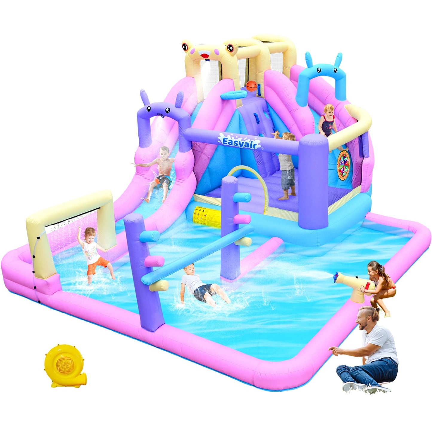 Easyair Inflatable Bounce House Water Slide Combo, Blow Up Water Slides for Backyard, Kids Jumper with Climbing Wall, Basketball Hoop, Splash Pool with Blower