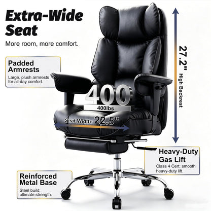 Efomao Big and Tall Office Chair 400lbs - Heavy Duty Reclining Desk Chair with Footrest, Spacious High Back PU Leather Executive Chair, Double-Layer Spring Support, Black