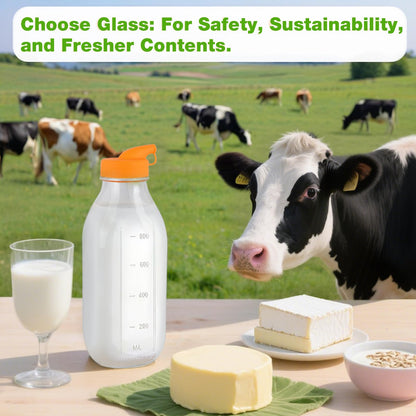 CARBLIN 32 Oz Glass Milk Bottles, 2 Pack Scale Mark Drinking Jug with 2 Nut Milk Bags& Airtight Screw Lid & Silicone Pour Cap& Stickers, 1 Quart Reusable Juice Bottle Water Pitcher for Coffee Yogurt