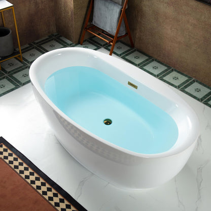 WOODBRIDGE 66" Acrylic Freestanding Bathtub Contemporary Soaking White Tub with Brushed Gold Overflow and Drain，B0027-BG