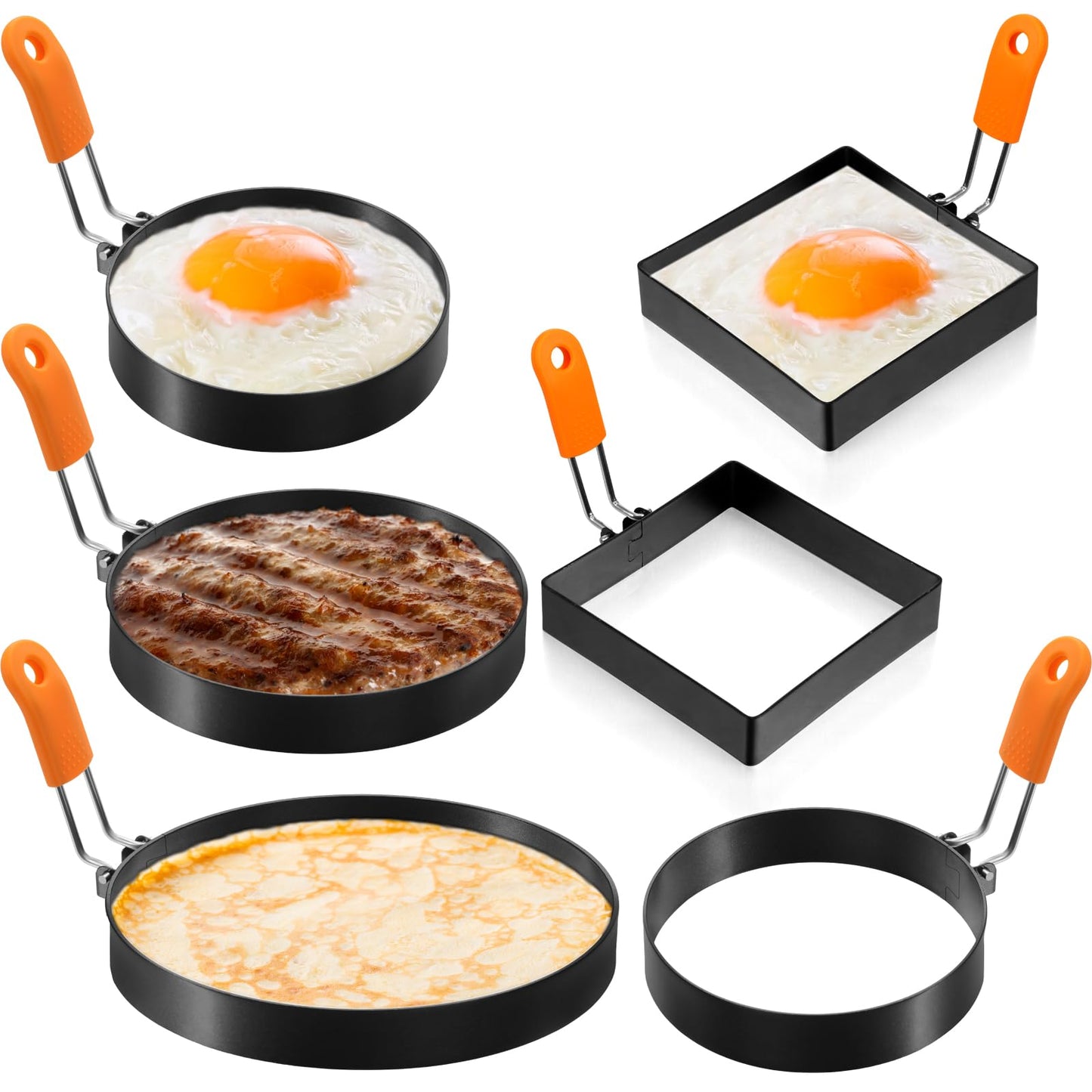 Patelai 6 Pcs Egg Ring Pancake Ring Set Stainless Steel Fried Egg Molds Griddle Pancake Shapers with Silicone Handle for Breakfast Omelette Sandwich(Square, Round,4 Inch, 6 Inch, 8 Inch)