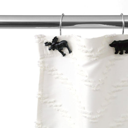 Bear & Deer Shower Curtain Hooks：12 Pcs Black Rustic Cabin & Christmas Reindeer Decorative Hooks Rustproof Stainless Steel Rings - Farmhouse Lodge Western & Woodland-Themed Bathroom Home