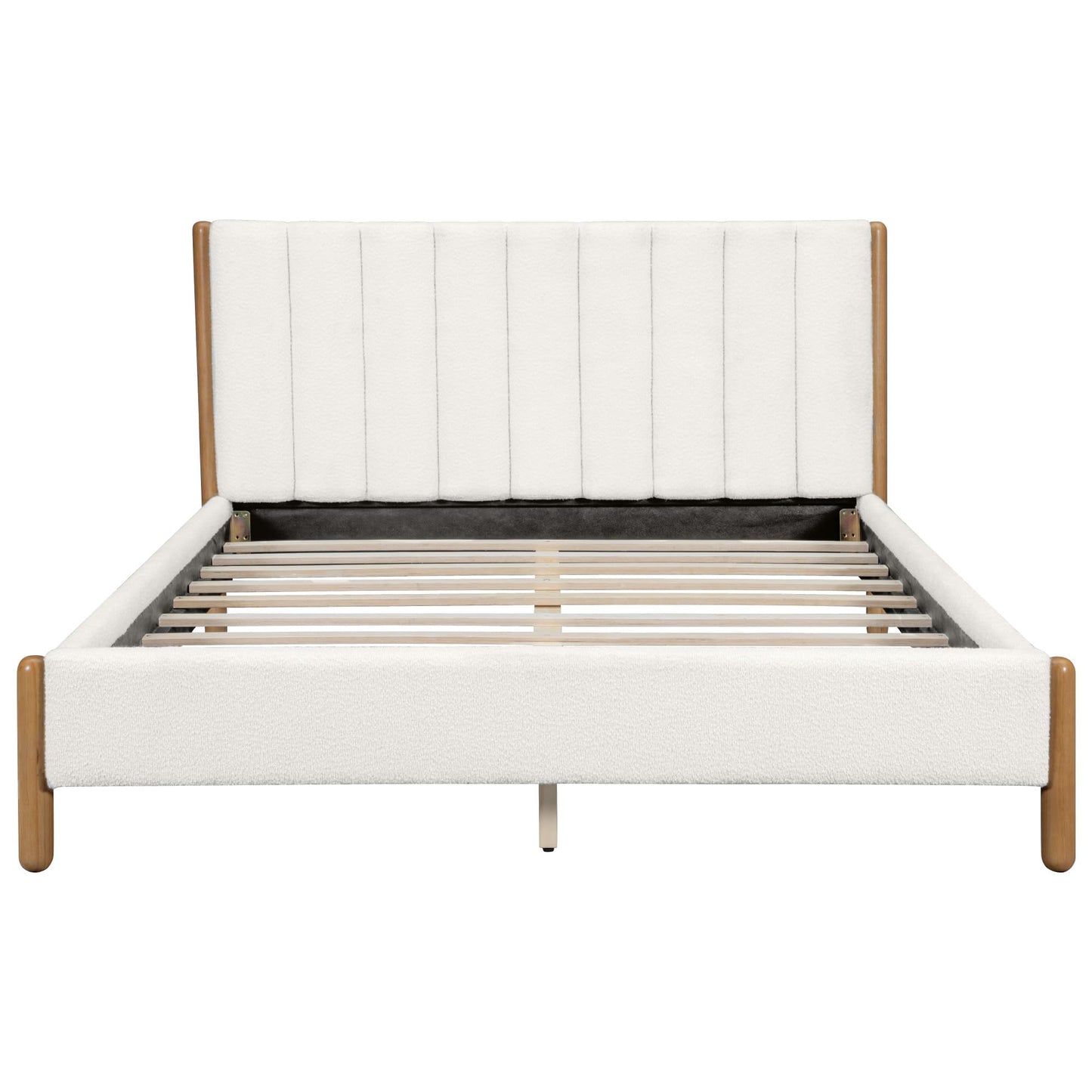 Ball & Cast Queen Size Bed Frame with Thick Boucle Upholstered Headboard, Solid Wood Legs, No Box Spring Needed Platform Bed, Underbed Storage Space,White
