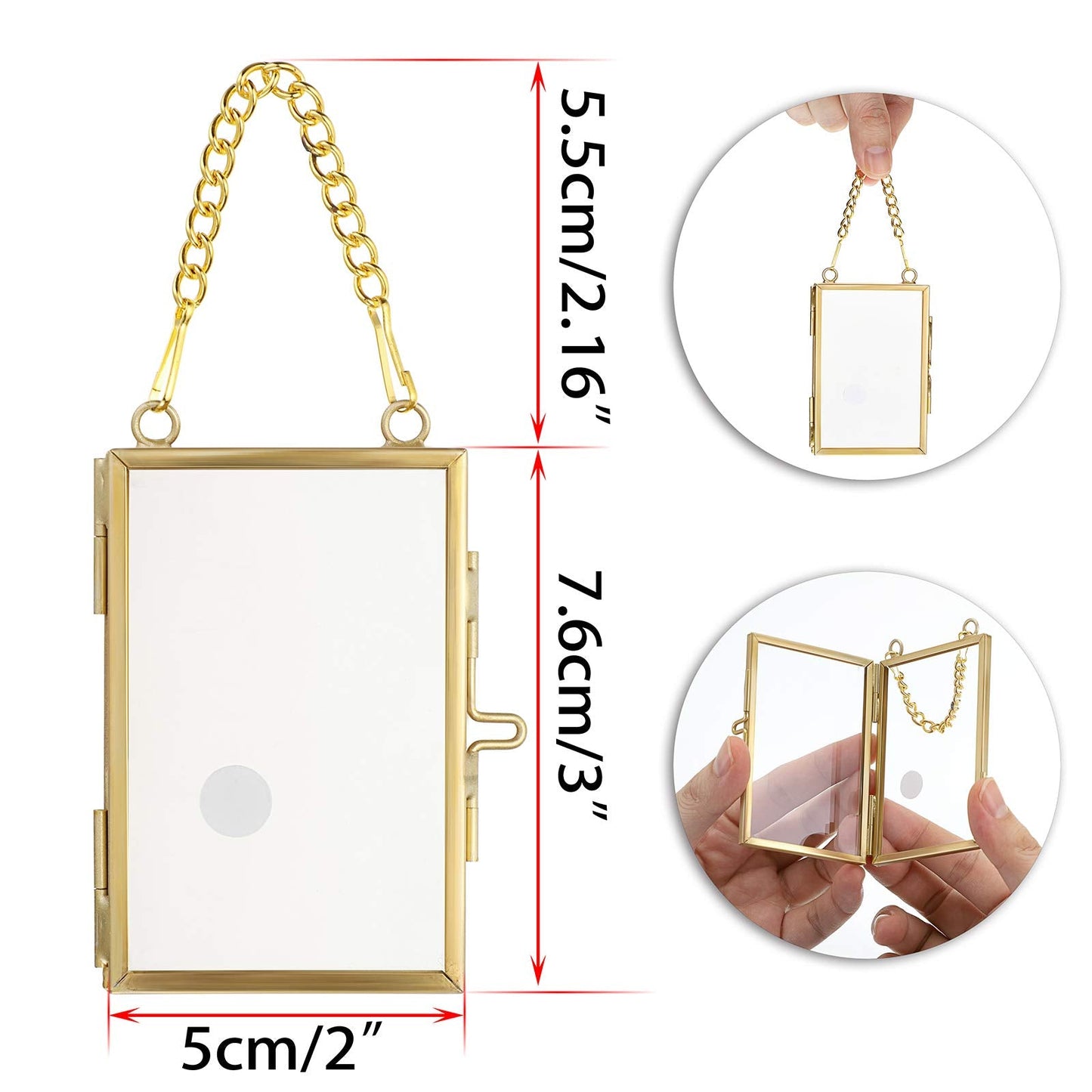 JUXYES 4 Pack Mini Brass Floating Frames Ornaments With Hanging Chain - Double Glass Tiny Picture Display Frame - Gold Wallet Size Floater Style Gallery Wall Frame for Pressed Flowers, Vertical