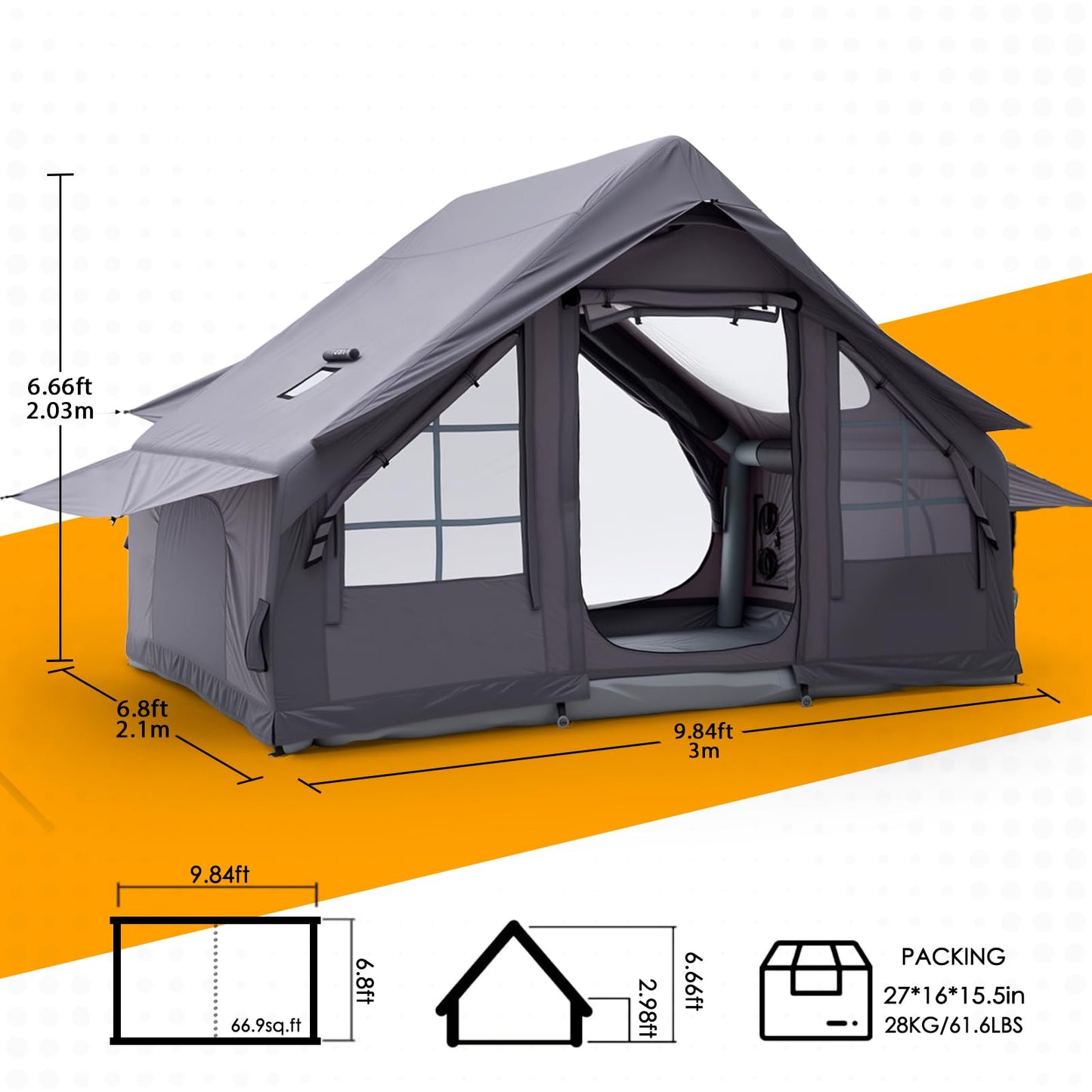 Inflatable Camping Tent for 4-6 Person, with Electric Air Pump, 4 Season Waterproof Windproof, Clear Skylight & 420D Oxford Waterproof, Air Tent with Mesh Windows/Doors