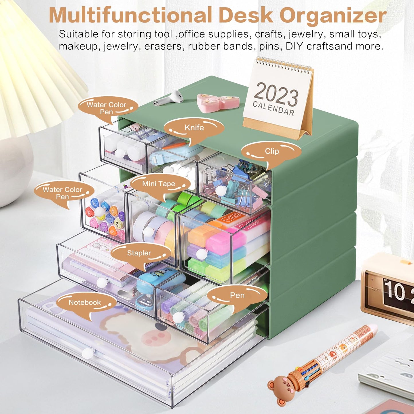 FODIENS Desk Storage Organizer with 9 Drawers, 4 Tiers Stackable Desktop Craft Storage Drawers, Clear Storage Box Caddy for Stationary Makeup Jewelry Office Craft Supplies (Green)