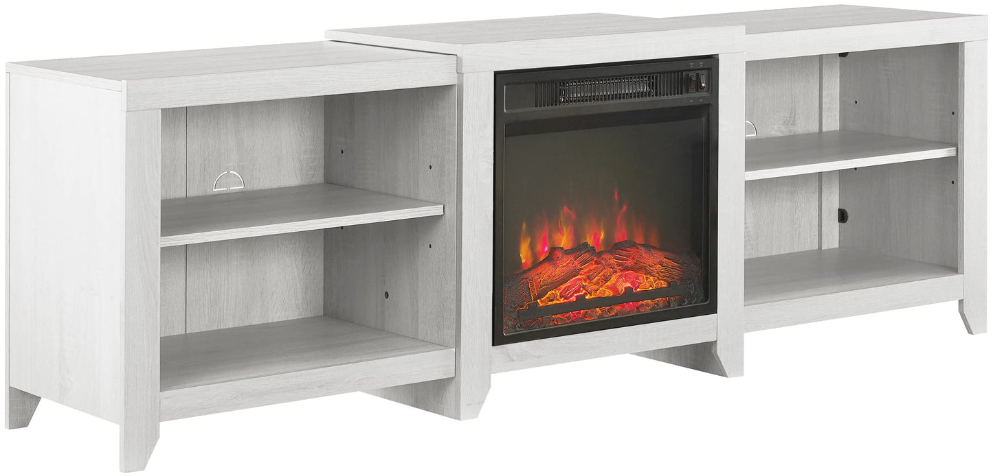 Crosley Furniture Ronin Low Profile Fireplace TV Stand for 75+ inch TVs, Entertainment Center with Shelves, Whitewash
