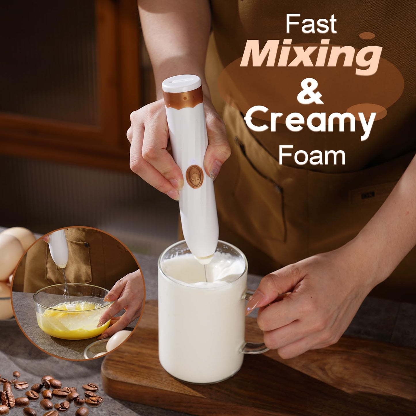 Milk Frother Handheld Rechargeable,Hand Mixer Electric Whisk with 2 Speeds,Drink Mixer Coffee Frother With 2 Stainless Steel Whisks for Coffee, Matcha, Lattes, Cappuccino,Egg,No Stand