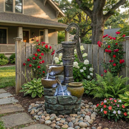 mdj pottery 32 Inch Tall Outdoor Water Fountain, 3-Tiered Cascading Bowl Fountain, Vintage Pump Style Weather-Resistant Resin Waterfall Fountain for Patio Yard Garden - Grey