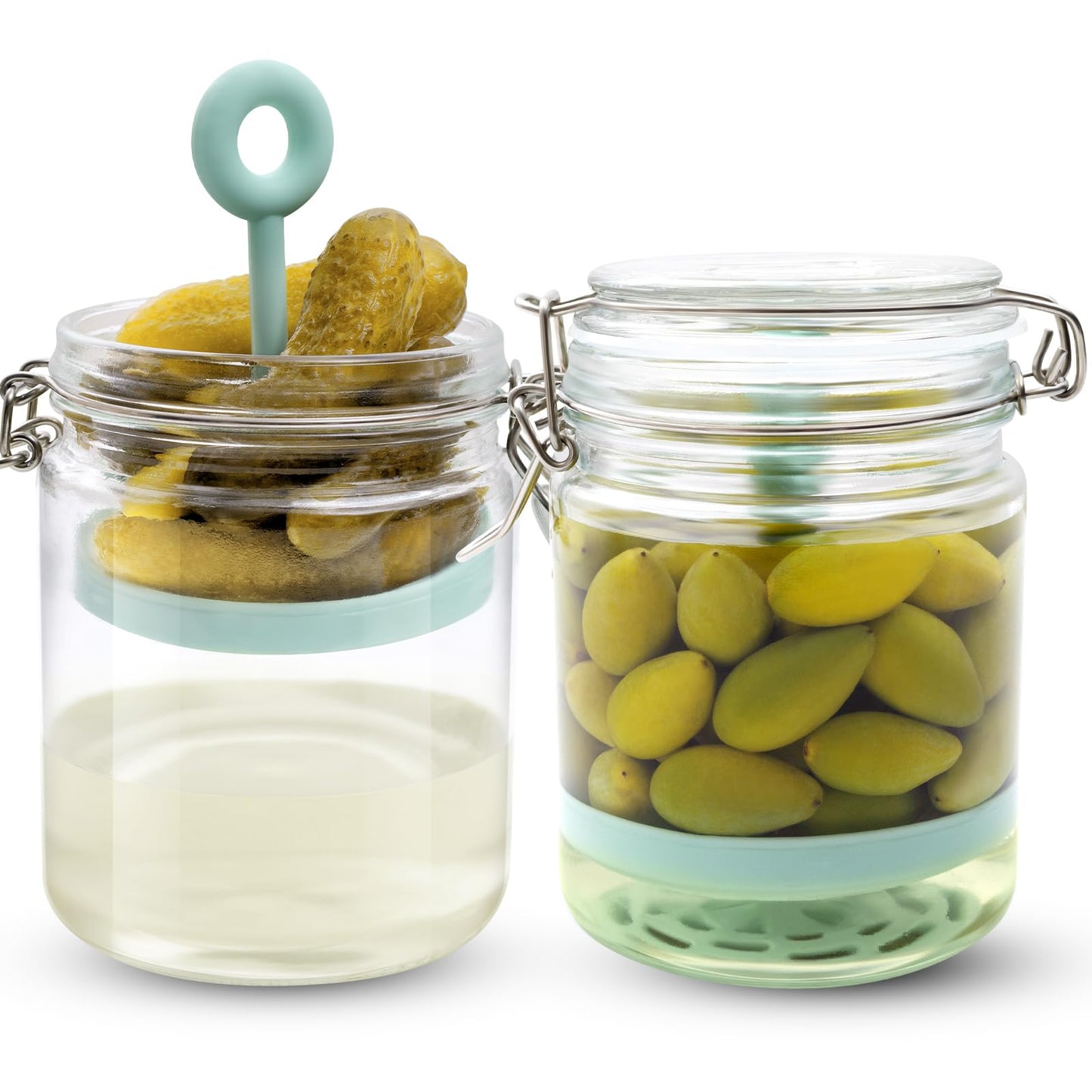 2 Pcs Pickle Jar with Strainer, 25 Oz Glass Pickle Container with Silicone Lift Separator, Airtight Lid Olive Storage Mason Jar for Jalapeno Gherkin Kimchi Marinade Fermenting Canning Jars Wide Mouth