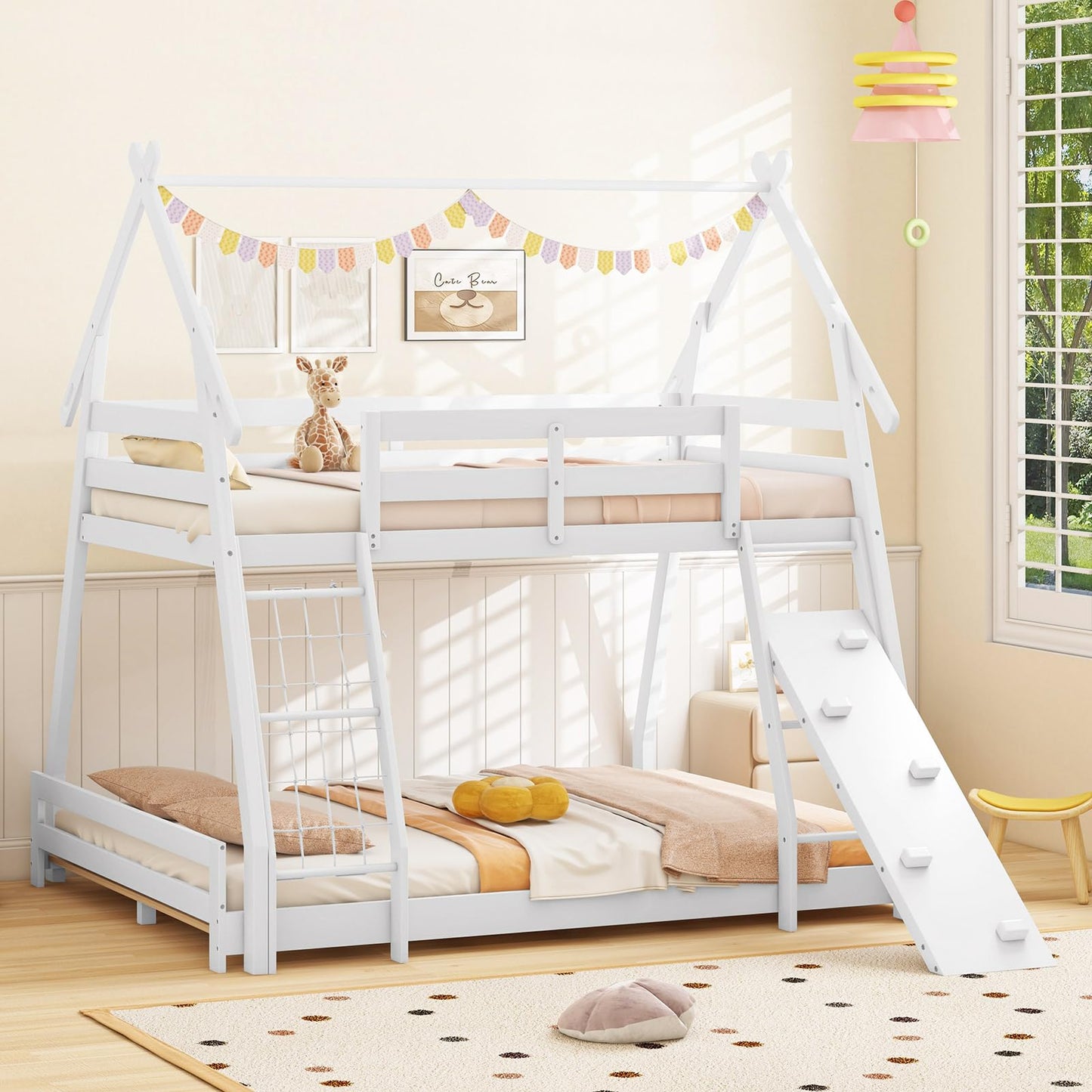 Giantex Twin Over Queen Bunk Bed, Wood House Bunk Bed for Kids with Climbing Nets and Ramp, Floor Queen Size Bunk Beds with Safety Guardrail, No Box Spring Needed, for Boys Girls Adults (White)