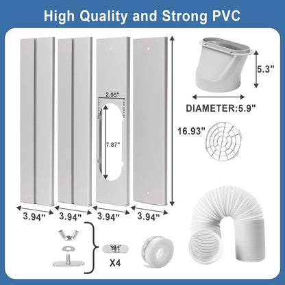 Aukney Portable AC Window Vent Kit, Adjustable Vertical/Horizontal Sliding Window Kit Plate for AC Unit, Seamless Portable AC Window Seal with 5.9 Inch Diameter, 59 Inch Length Exhaust Hose