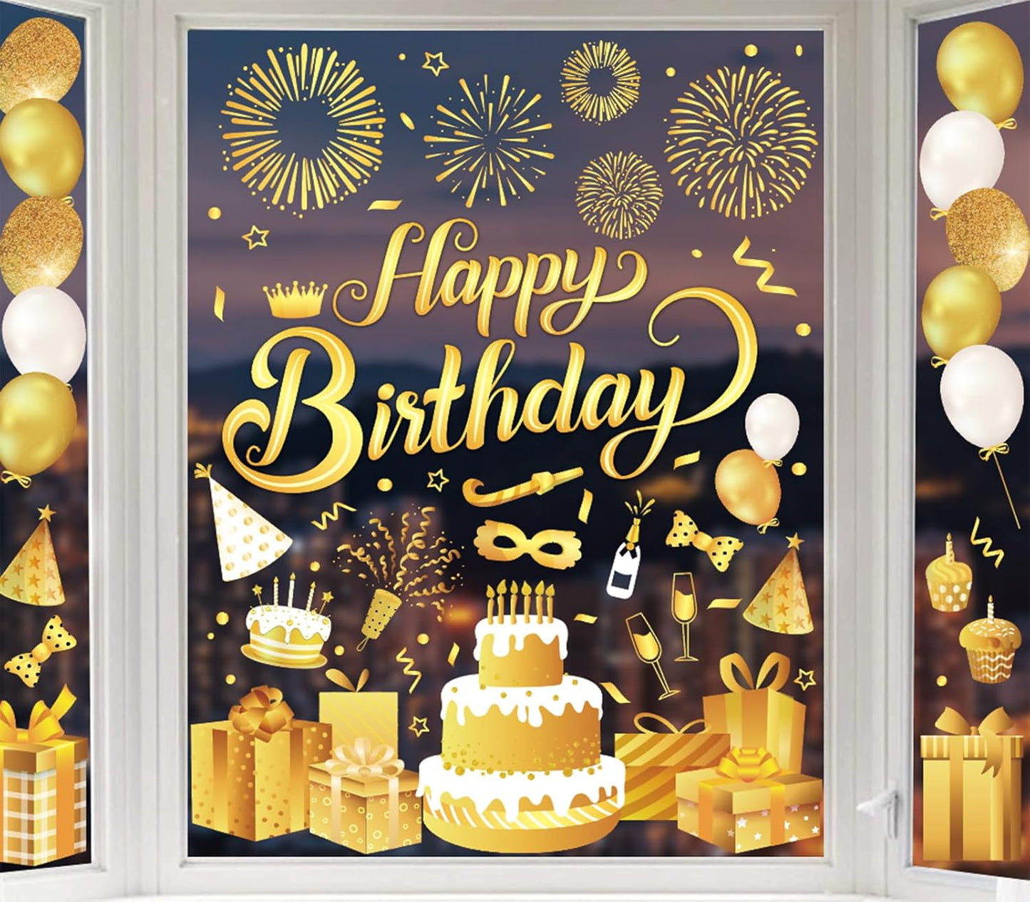 Whaline 134Pcs Birthday Window Clings, Gold Yellow Decals for Birthday Party Home School Decorations