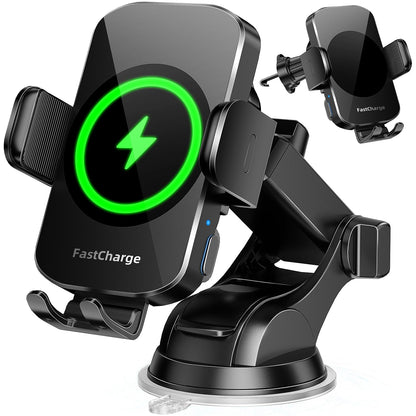 Wireless Car Charger, Fast Charging Phone Holder 3 in 1 Phone Mount Auto Clamping Car Accessories Compatible with iPhone 16 15 14 13 12 11 Xs XR, Samsung S23 Ultra S22 S21 S20/S10+ S9(Midnight Black)