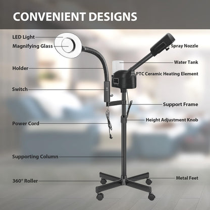 Professional Facial Steamer 3 in 1 Steamer for Face with Hot & Cold Nozzle 5X LED Magnifying Lamp Facial Steamer for Esthetician Beauty Face Equipment Use at Home or Salon