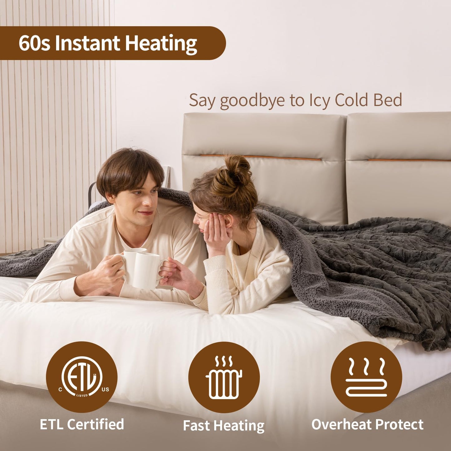 Bearhug Electric Blanket King Size 100" x 90", Dual Controller Heated Blanket, White Flower Patterns Faux Fur & Warm Sherpa, 10-Heat Levels & 1-12H Auto Off,ETL, Machine Washable