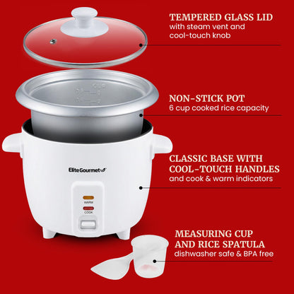 Elite Gourmet ERC-003X Electric Rice Cooker with Automatic Keep Warm Makes Soups, Stews, Grains, Hot Cereals, 6 Cups Cooked (3 Cups Uncooked), White