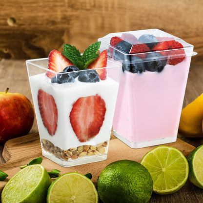 SHOPDAY 5 oz Plastic Dessert Cups 50 Pack Small Clear Square Parfait Cups with Spoons, Mini Plastic Tumbler Serving Cups for Tasting Party Appetizers Mousse Yogurt