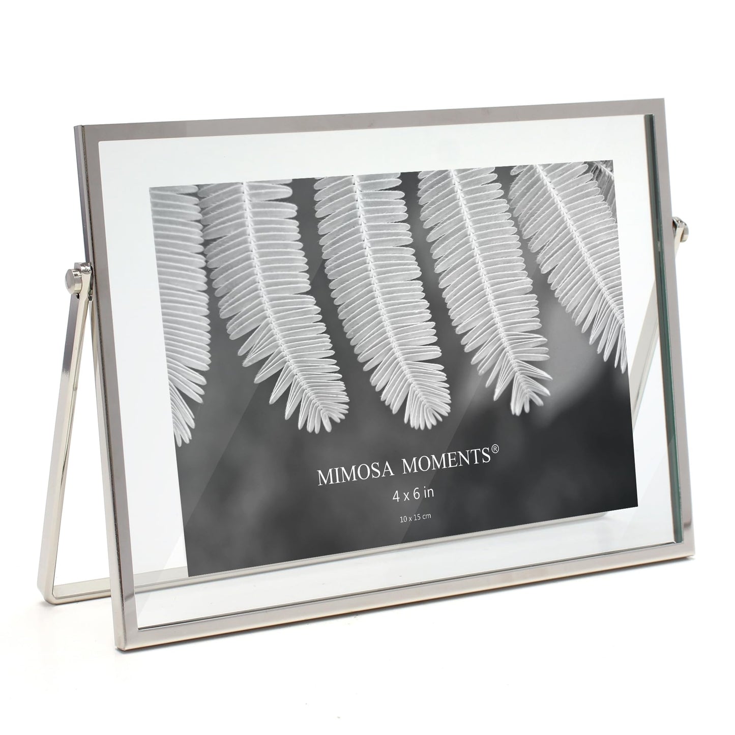 MIMOSA MOMENTS 4x6 Silver Metal Floating Picture Frame, Horizontal Double Glass Tabletop Display, Modern Minimalist Photo Frame for Home & Office Decor