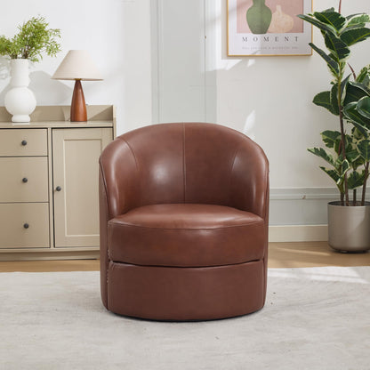 GDFStudio Hayezf Top-Grain Leather Swivel Chair, 360° Swivel Accent Chair with Chesterfield Studs, Mid-Century Modern Lounge Seating for Living Room & Office, No Assembly Required, Brown